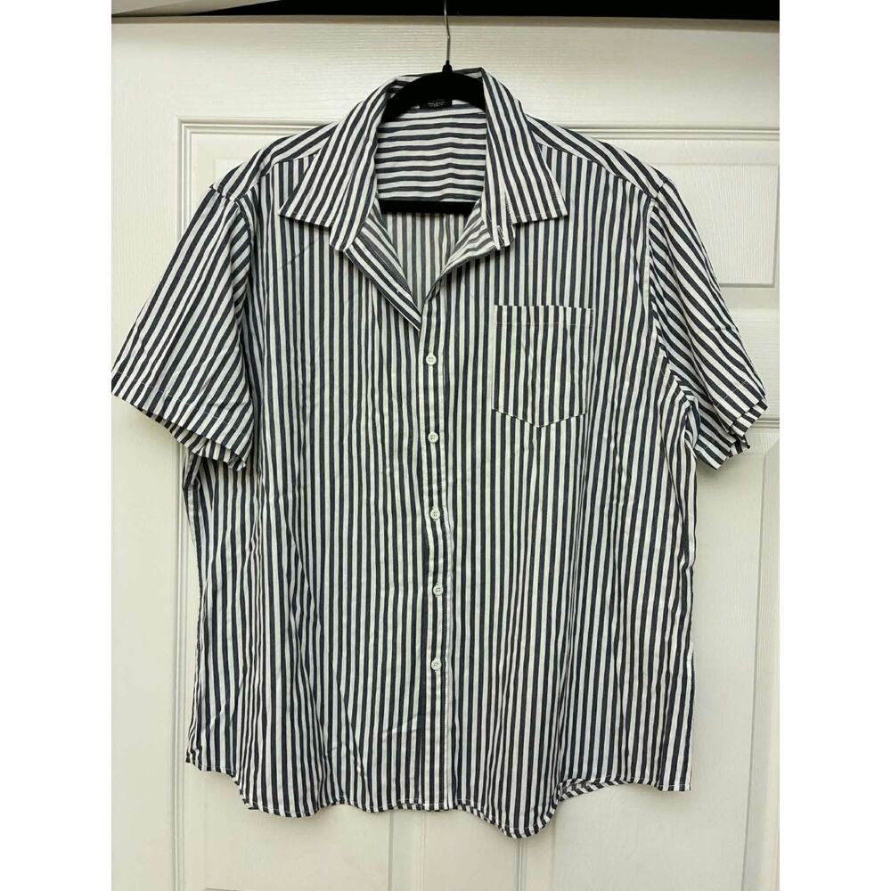 Coofandy Men's XXL‎ Blue White Stripe Linen Blend Short Sleeve Button Up Shirt